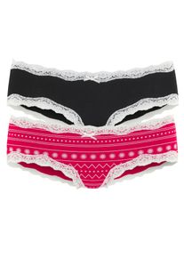 Hipster Lascana, Damen, Gr. 48/50, 2 Stk., rot (rot, schwarz), Jersey, Obermaterial: 95% Baumwolle, 5% Elasthan. Spitze: 90% Polyamid, 10% Elasthan. Zwickel: 95% Baumwolle, 5% Elasthan, bedruckt, Unterhosen Hipster, mit floraler Spitze