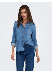 Jeansbluse Only "OnlyASMIN SHIRT L/S DNM AKM NOOS", Damen, Gr. L, blau (medium blau denim), Denim/Jeans, Obermaterial: 100% Baumwolle, unifarben, normal Po-bedeckend, Krempel&auml;rmel, Blusen Jeansbluse