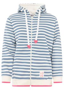 Kapuzensweatjacke Zwillingsherz "Maritim", Damen, Gr. S/M, mittelblau, Sweatware, Obermaterial: 50% Baumwolle, 50% Polyester, Sweatjacken Kapuzensweatjacke, gestreift, Kapuze mit Kordel und Herzen, Taschen, Zipper