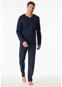 Pyjama Schiesser "Fine Interlock", Herren, Gr. 56, blau (804, blau), Interlock, Obermaterial: 100% Baumwolle, bequem lang, V-Ausschnitt, Homewear-Sets Pyjama, Oberteil in Uni, karierte Hose, V-Neck, Langarm, Baumwolle