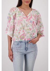 Langarmbluse monari "Bluse Blumendruck allover", Damen, Gr. 46, beige gem, Web, Obermaterial: 100% Baumwolle, gemustert, regular fit taillenlang, Rundhals, eingesetzt elastischer Bund, Blusen Langarmbluse, Regular fit mit Blumenmuster