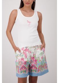 Tanktop monari "Top Flamingo", Damen, Gr. 36, ecru, Web, Obermaterial: 95% Baumwolle, 5% Elasthan, unifarben, regular fit taillenbedeckt, Rundhals, Tops Tanktop, Regular fit mit Flamingo-Print