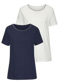 T-Shirt Vivance "mit modischer Kontraststickerei", Damen, Gr. 48/50, blau (blau, creme), Single Jersey, Obermaterial: 100% Baumwolle, unifarben, Basic normal, Rundhals, eingesetzt, Shirts T-Shirt, aus weicher Baumwoll-Qualit&auml;t, Topseller