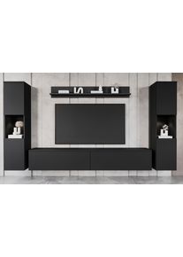 Wohnwand OTTO HOME "PARIS, Vitrine T&uuml;ranschlag links/rechts wechselbar", schwarz (graphite schwarz matt, graphite schwarz matt), B:260cm H:130cm T:33cm, Hartfaserplatte, Kastenm&ouml;bel-Sets, Wohnwand, grifflose Design, stehend und h&auml;ngend montierbar