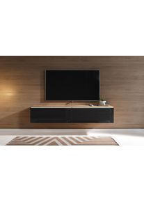 Lowboard Home Affaire "LOWBOARD D, wahlweise mit oder ohne Beleuchtung", schwarz (votan eichefarben, schwarz hochglanz), B:140cm H:30cm T:33cm, Sideboards, Lowboard, modernes TV-Board ohne Griffe, mit viel Stauraum,stehend und h&auml;ngend