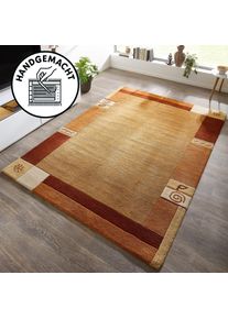 Wollteppich Theko "Tromso, Wolle, Handgefertigt, Bord&uuml;re mit Hoch-Tief-Effekt" Gr. 8, terra, B:300cm H:15mm L:400cm, Wolle, Teppiche, Wollteppich, Wohnzimmer, Schlafzimmer, Esszimmer
