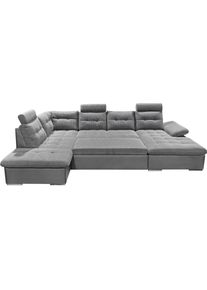 Wohnlandschaft ED EXCITING DESIGN "Jakarta U-Form mit Bettfunktion, Bettkasten", grau, B:324cm H:107cm T:218cm, Lederl.: 40% Polyurethan, 40% Polyvenylchlorid; 20% Polyester;Sumatra: 100% Polyester, Sofas, Wohnlandschaft, Armteilverstellung, Kopfst&uuml;tzen & 3 Nierenkissen