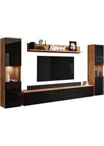 Wohnwand OTTO HOME "PARIS, Vitrine T&uuml;ranschlag links/rechts wechselbar", schwarz (kastanien breslau, schwrz hochglanz), B:260cm H:130cm T:33cm, Hartfaserplatte, Kastenm&ouml;bel-Sets, Wohnwand, grifflose Design, stehend und h&auml;ngend montierbar