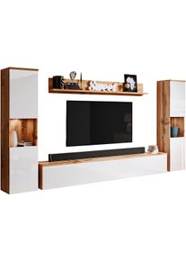 Wohnwand OTTO HOME "PARIS, Vitrine T&uuml;ranschlag links/rechts wechselbar", wei&szlig; (eichefarben wotan, wei&szlig;), B:260cm H:130cm T:33cm, Hartfaserplatte, Kastenm&ouml;bel-Sets, Wohnwand, grifflose Design, stehend und h&auml;ngend montierbar