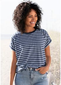 Kurzarmshirt ELBSAND "Caira", Damen, Gr. XXL (44), grau (grau, marine gestreift), Jersey, Obermaterial: 50% Baumwolle, 50% Polyester, gestreift, figurumspielend h&uuml;ftlang, Rundhals, Aufschlag, Shirts Kurzarmshirt, mit Streifen, T-Shirt aus Baumwoll-Mix, sportlich und bequem, Topseller