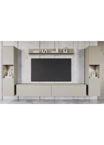 Wohnwand OTTO HOME "PARIS, Vitrine T&uuml;ranschlag links/rechts wechselbar", beige (kaschmir), B:260cm H:130cm T:33cm, Hartfaserplatte, Kastenm&ouml;bel-Sets, Wohnwand, grifflose Design, stehend und h&auml;ngend montierbar