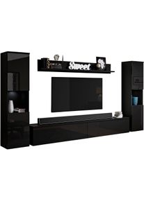 Wohnwand OTTO HOME "PARIS, Vitrine T&uuml;ranschlag links/rechts wechselbar", schwarz (schwarz graphite matt, schwarz hochglanz), B:260cm H:130cm T:33cm, Hartfaserplatte, Kastenm&ouml;bel-Sets, Wohnwand, grifflose Design, stehend und h&auml;ngend montierbar