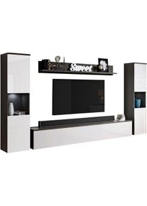 Wohnwand OTTO HOME "PARIS, Vitrine T&uuml;ranschlag links/rechts wechselbar", schwarz-wei&szlig; (matera anthrazit, wei&szlig; hochglanz), B:260cm H:130cm T:33cm, Hartfaserplatte, Kastenm&ouml;bel-Sets, Wohnwand, grifflose Design, stehend und h&auml;ngend montierbar