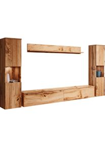Wohnwand OTTO HOME "PARIS, Vitrine T&uuml;ranschlag links/rechts wechselbar", braun (eichefarbe votan, eichefarbe votaneichefarbe votan, wei&szlig; hochglanz), B:260cm H:130cm T:33cm, Hartfaserplatte, Kastenm&ouml;bel-Sets, Wohnwand, grifflose Design, stehend und h&auml;ngend montierbar