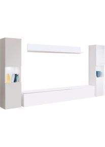 Wohnwand OTTO HOME "PARIS, Vitrine T&uuml;ranschlag links/rechts wechselbar", wei&szlig; (wei&szlig; matt, wei&szlig; hochglanz), B:260cm H:130cm T:33cm, Hartfaserplatte, Kastenm&ouml;bel-Sets, Wohnwand, grifflose Design, stehend und h&auml;ngend montierbar