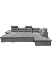 Wohnlandschaft ED EXCITING DESIGN "Jakarta U-Form mit Bettfunktion, Bettkasten", grau, B:324cm H:107cm T:218cm, Lederl.: 40% Polyurethan, 40% Polyvenylchlorid; 20% Polyester;Sumatra: 100% Polyester, Sofas, Wohnlandschaft, Armteilverstellung, Kopfst&uuml;tzen & 3 Nierenkissen