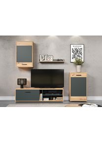 Wohnwand Inosign "Valetta inkl. TV-Kommode, H&auml;nge-Vitrine, Sideboard und Wandregal", schwarz (eiche und anthrazit), B:205cm H:180cm T:35cm, Holzwerkstoff, Kunststoff, Kastenm&ouml;bel-Sets, Wohnwand, inkl. Lowboard, H&auml;ngeschrank, Wandboard und Highboard