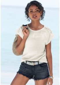 Kurzarmshirt Vivance "mit sommerlichem H&auml;keleinsatz", Damen, Gr. 48/50, gr&uuml;n (mint, creme), Cr&ecirc;pe, Obermaterial: 98% Polyester, 2% Elasthan, unifarben, bequem normal, Rundhals, angeschnitten, Shirts Kurzarmshirt, aus b&uuml;gelfreier, luftiger Cr&ecirc;pe-Qualit&auml;t, Topseller