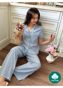Snug Reverie 2pcs Women 100% Cotton Jacquard Romantic Fresh Blue Short Sleeve Pajama Set Light Blue Pajama Set Light Blue Pj Set
