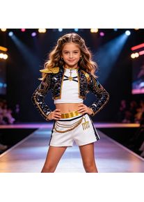 Kids Black Gold Sequined Jacket Shorts Set Girls Cosplay Outfit For Stage Show Birthday Party Halloween Carnival Dress Up