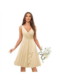 V Neck Sleeveless Ruched Chiffon Bridesmaid Dress Knee Length Ruffle A Line Short Formal Wedding Party Dresses Vestido