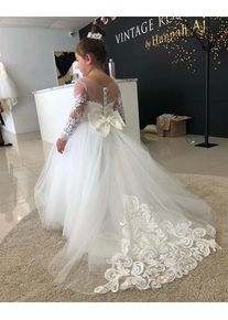 Princess Bow Long Ball Wedding Party Flower Girl Dress Applique Elegant Floor Length Customized First Communion Dress New