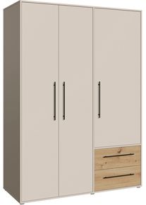 Kleiderschrank FORTE "Mokkaris, Dreht&uuml;renschrank, Garderobe. zeitloses Design, Made in EU", beige (sand, artisan eiche), B:144,4cm H:200,1cm T:58,8cm, Schr&auml;nke, Kleiderschrank, Zwei Schubladen, schwarze Stangengriffe, Stauraum, auch in Schwarz, Topseller