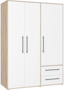 Kleiderschrank FORTE "Mokkaris, Dreht&uuml;renschrank, Garderobe. zeitloses Design, Made in EU", wei&szlig; (eiche sonoma, wei&szlig;), B:144,4cm H:200,1cm T:58,8cm, Holzwerkstoff, Schr&auml;nke, Kleiderschrank, Zwei Schubladen, schwarze Stangengriffe, Stauraum, auch in Schwarz