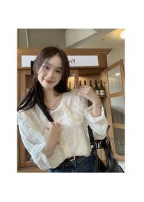 Women Cream White Lace Blouse with Ruffle Trim V-Neck Long Sleeve Button Down Loose Fit Romantic Casual Top