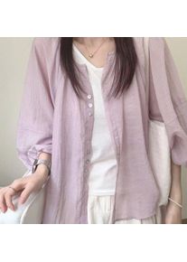 Stand Collar Shirt Crinkle Textured Fabric, Puff Three-Quarter Sleeves, Button Front Loose Fit Casual Cover Up Blouse