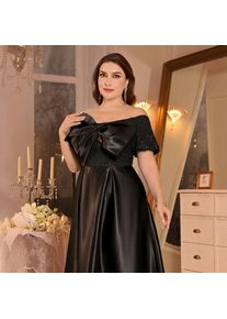 Plus Size Black Off The Shoulder Maxi Dress Big Satin Bow Crinkle Sequin Bodice Glossy Satin A Line Evening Gown