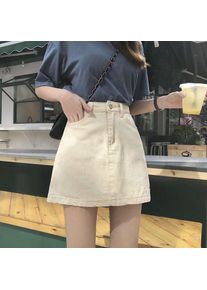 Basic Solid Color High Waist Denim A-Line Skirt, Button Fly Pocket Short Mini Jean Skirt for Women