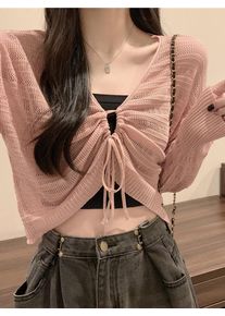 Pink Hollow Knit Long Sleeve Top Women V Neck Front Drawstring Ruched Cropped Wrap Slim Sun Protection Shirt