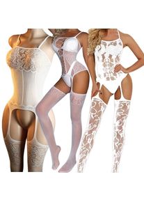 Women Sexy White Jacquard Fish Net Pajamas Exotic Ninghtgown Open Crotch Bedgowm Intimate Pajamas for Couples