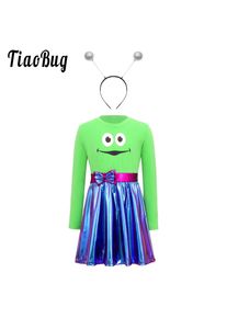 Kids Girls Cartoon Outfits with Hair Hoop Childish Print Waist Bow Metallic A-line Tutu Dress for Halloween Performance Party