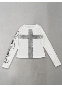 2026 new autumn rivet cross letter print long sleeved round neck top Gothic punk subculture street trend versatile niche daily