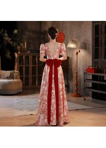2026 New Women's V-neck Wine Red Banquet Toast Evening Dress Fashionable Slim Fit Bareback Printed Bow Decoration Long Dress