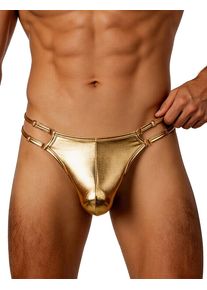 Gold Faux Leather Thong for Men Sexy U-Shaped Pouch Adjustable Double Straps Low Rise Underwear Plus Size S-XL