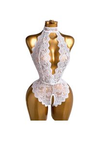 White Halter Neck Floral Lace Teddies Lingerie Women Deep V Sheer Open Crotch Bodysuit Backless Intimate Nightwear For Valentine