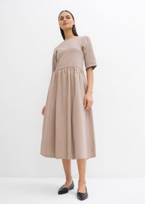 Midikleid bonprix, Damen, Gr. 54, N-Gr, beige (taupe), Obermaterial: 100% Baumwolle. Unterteil: 100% Baumwolle, A-Linie, Kleider Midikleid, aus Baumwolle, A-Linien-Passform, Kurzarm-Design, Midil&auml;nge
