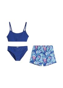 Badeanzug bonprix, Kinder, Gr. 176/182, N-Gr, dunkelblau bedruckt, Polyamid, Badeanz&uuml;ge Badeanzug, 3er Set, mit passender Badeshorts, aus elastischem Material, Topseller