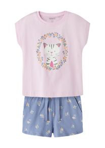 Shorty name it "NMFVIGEA CAPSL TOP SET", M&auml;dchen, Gr. 110, rosa (pirouette print:flower cat), Jersey, Obermaterial: 100% Baumwolle, bedruckt, normal kurz, Rundhals, angeschnitten, Homewear-Sets Shorty, bestehend aus Shirt und Shorts