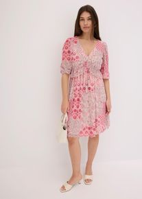 Tunikakleid bonprix, Damen, Gr. 52/54 (XXL), N-Gr, pink bedruckt, Obermaterial: 96% Polyester, 4% Elasthan. Futter: 100% Polyester, loose fit, Kleider Tunikakleid, lockerer Schnitt, mit Bindeband in der Taille, 3/4-&Auml;rmel, Mesh