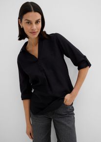 Langarmbluse bonprix "3/4-Arm Bluse mit Leinen", Damen, Gr. 48, schwarz, Web, Obermaterial: 55% Leinen, 45% Viskose, figurumspielend normal, Aufschlag, Blusen Langarmbluse, figurumspielende Passform, f&uuml;r vielseitige Alltagslooks