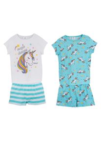 Shorty bonprix, M&auml;dchen, Gr. 176/182, aqua, wei&szlig;, Obermaterial: 100% Baumwolle, Homewear-Sets Shorty, vierteiliger Shorty-Pyjama, zwei T-Shirts mit Druck, aus Baumwolle