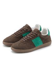 Sneaker ELBSAND "Freizeitschuh, Schn&uuml;rschuh, Turnschuh, Retro Sneaker, Lederschuh", Damen, Gr. 42, braun, gr&uuml;n, Obermaterial: 100% Rindsleder. Decksohle: 100% Textilmaterial. Futter: 100% Textilmaterial. Laufsohle: 100% Synthetik, unifarben mit Farbeinsatz, Basic, Schuhe Sneaker, Ledersneaker, Schn&uuml;rhalbschuh aus Leder im modernen Retro Look Unisex