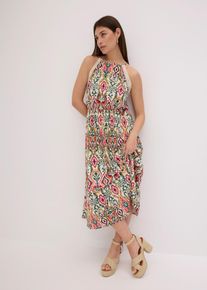 Midikleid bonprix, Damen, Gr. 52/54 (XXL), N-Gr, creme, gr&uuml;n, pink bedruckt, Obermaterial: 95% Polyester, 5% Elasthan, ausgestellt, Kleider Midikleid, mit dekorativer Spitze am Armloch, ausgestellte Passform