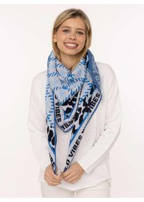 Dreieckstuch Zwillingsherz "Leo Hahnentritt", Damen, blau, Baumwollmischung, Modet&uuml;cher Dreieckstuch, Mustermix, Leo und Hahnentritt, Schriftzug, Mode Tuch