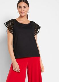 T-Shirt bonprix, Damen, Gr. 44/46 (L), schwarz, Obermaterial: 95% Baumwolle, 5% Elasthan. &Auml;rmel: 100% Baumwolle, loose fit, Shirts T-Shirt, lockere Passform, Kurzarm-Design, Lochstickerei an den &Auml;rmeln