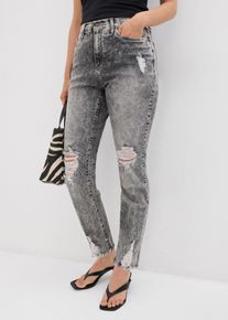 Mom-Jeans bonprix, Damen, Gr. 48, N-Gr, grau denim used, Denim/Jeans, Obermaterial: 82% Baumwolle, 17% Polyester, 1% Elasthan, regular fit, Jeans Mom-Jeans, modischer Schnitt, Regular Fit, ausgefranster Saum